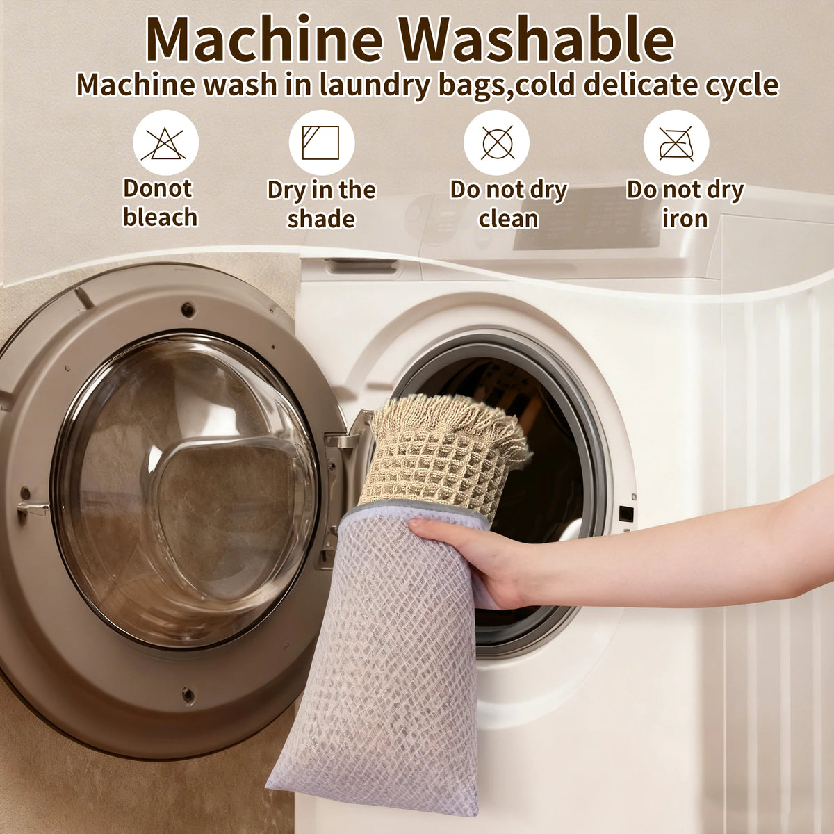A hand is placing a purple waffle weave non-slip bathroom rug into the drum of a white washing machine.