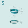 Recipiente plegable portátil para la ropa de color verde azulado, con dimensiones de 21cm y 6.5cm.