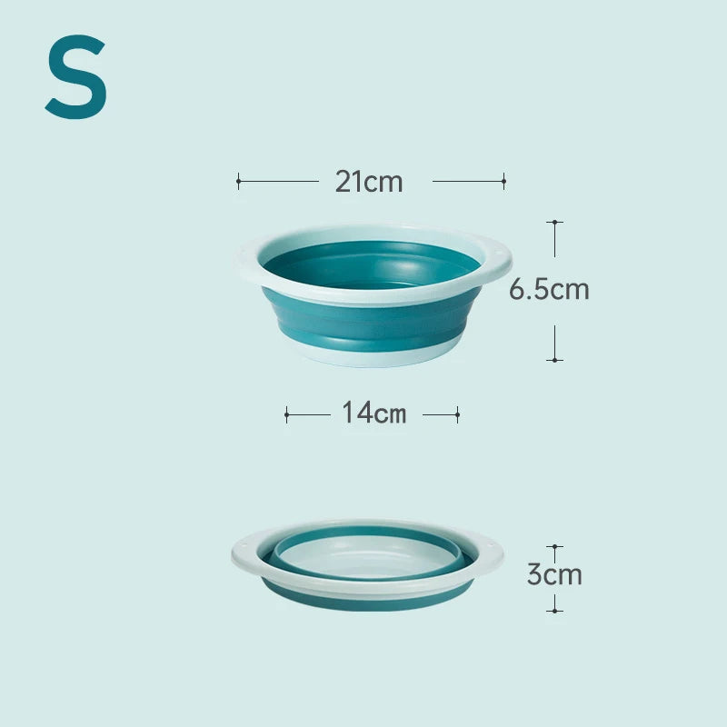 Recipiente plegable portátil para la ropa de color verde azulado, con dimensiones de 21cm y 6.5cm.