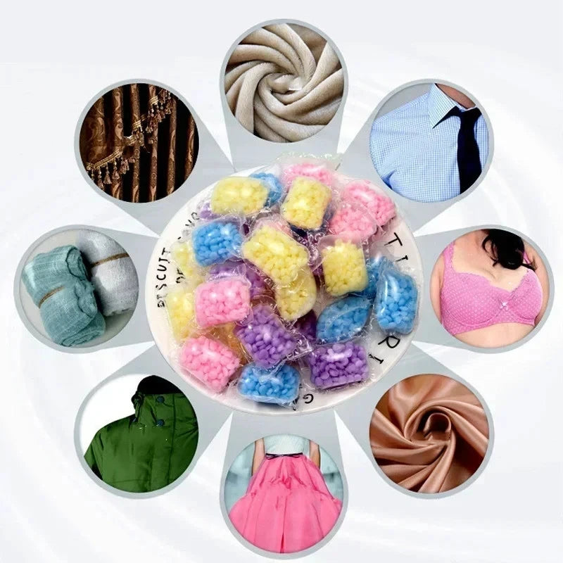 A collection of colorful laundry fragrance beads in various shades and textures.