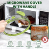 A clear microwave cover with a handle is shown being used inside a microwave oven.