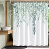 A white shower curtain featuring a tropical garden design of green leaves and butterfly motifs.