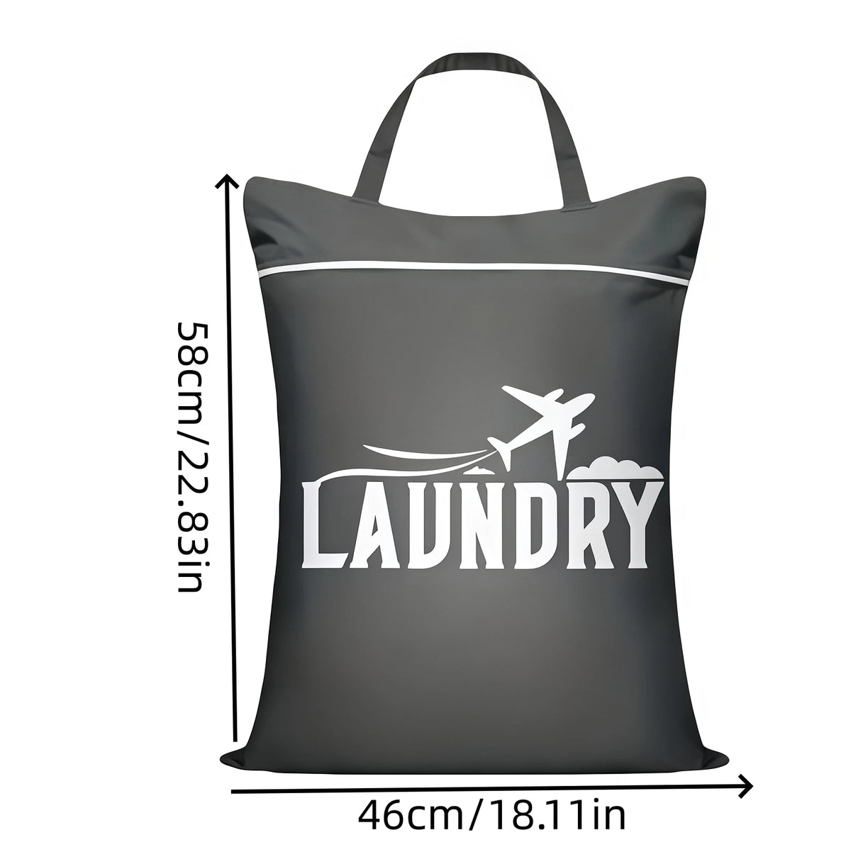 A black fabric laundry bag with white text reading LAUNDRY