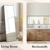 A full body standing wall mirror is shown in a bedroom, living room, horizontally, and a barber shop setting.