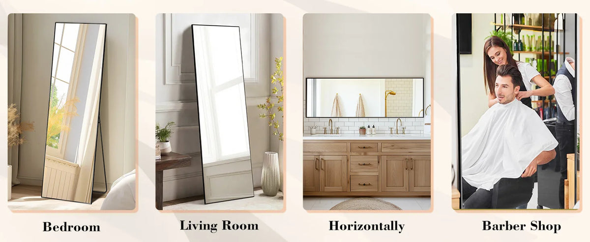 A full body standing wall mirror is shown in a bedroom, living room, horizontally, and a barber shop setting.