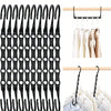 A multi-pack of black plastic clothes hangers with hooks for closet organization.