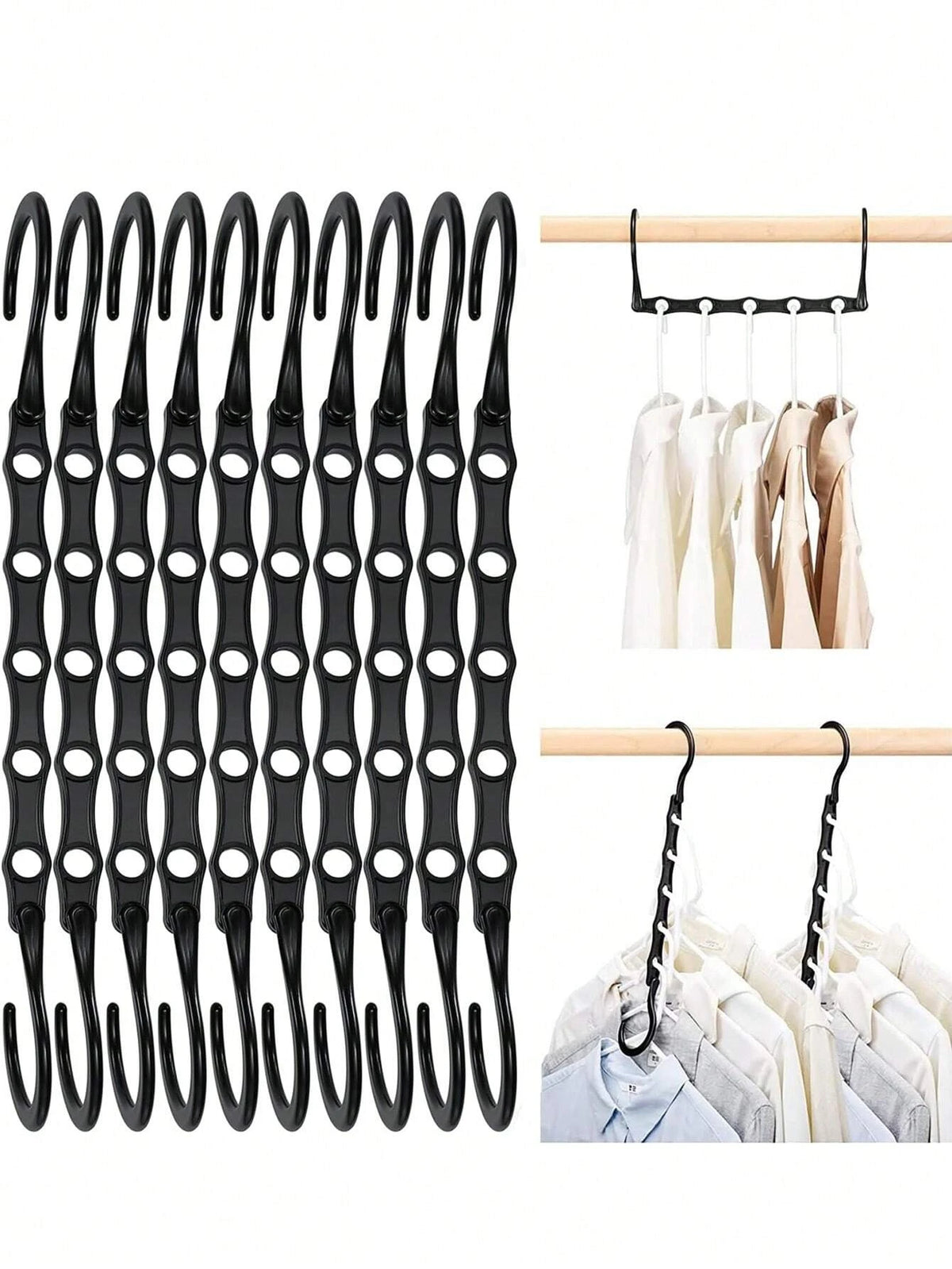 A multi-pack of black plastic clothes hangers with hooks for closet organization.