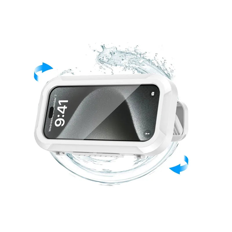 A white phone holder with a display showing 9:41 is shown being splashed by water.