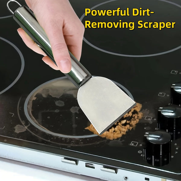 A hand uses a powerful dirt-removing scraper to clean a stovetop surface.