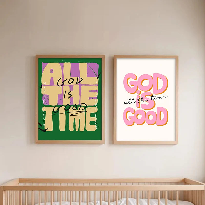 Two framed canvas prints featuring inspirational quotes about God and time in shades of purple, yellow, and pink on a white b