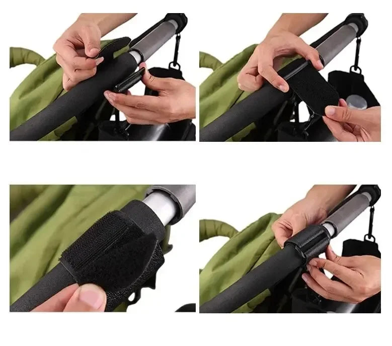 Close-up shots showing how to attach stroller hooks using carabiner accessories.