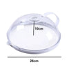 A transparent splash-proof oven cover with a handle, showing its dimensions of 26cm by 10cm.