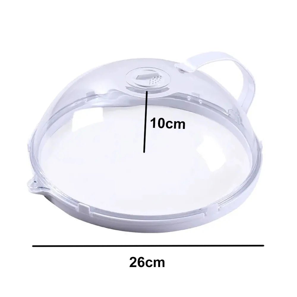 A transparent splash-proof oven cover with a handle, showing its dimensions of 26cm by 10cm.