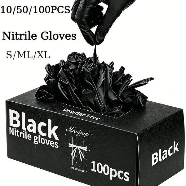 A box of black powder-free nitrile gloves, showing a hand putting on a glove.