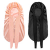 A pair of satin sleep bonnets in pink and black for curly hair