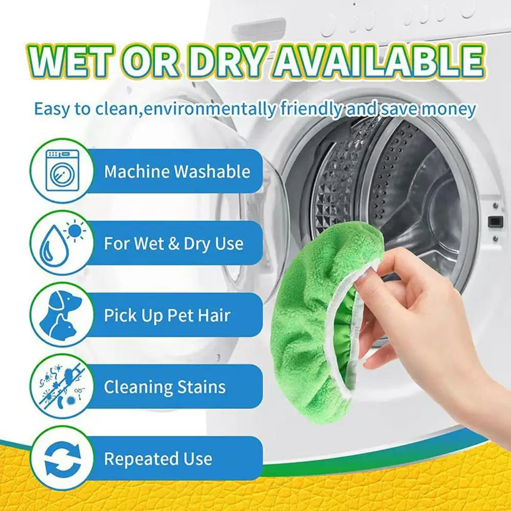 A hand is pulling a green reusable microfiber cloth from the drum of a washing machine, demonstrating its use for cleaning st