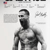 A black and white portrait of a male UFC fighter with a muscular physique, wearing blue shorts.