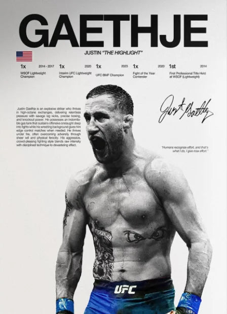 A black and white portrait of a male UFC fighter with a muscular physique, wearing blue shorts.