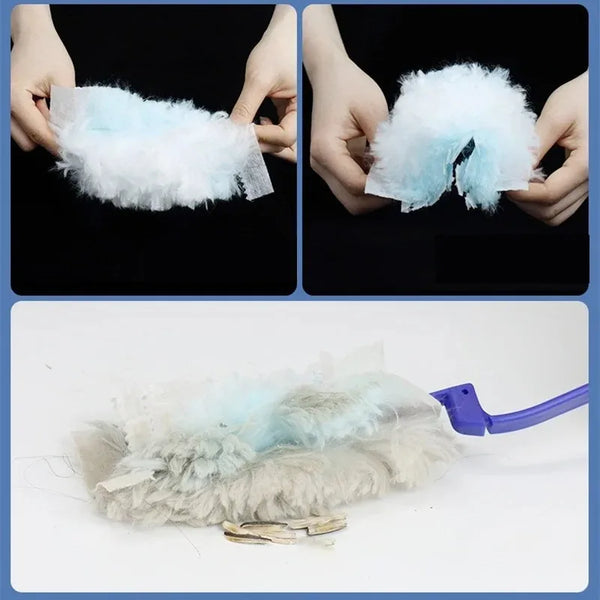 Hands hold a reusable duster refill set showing white and light blue cleaning fluff.