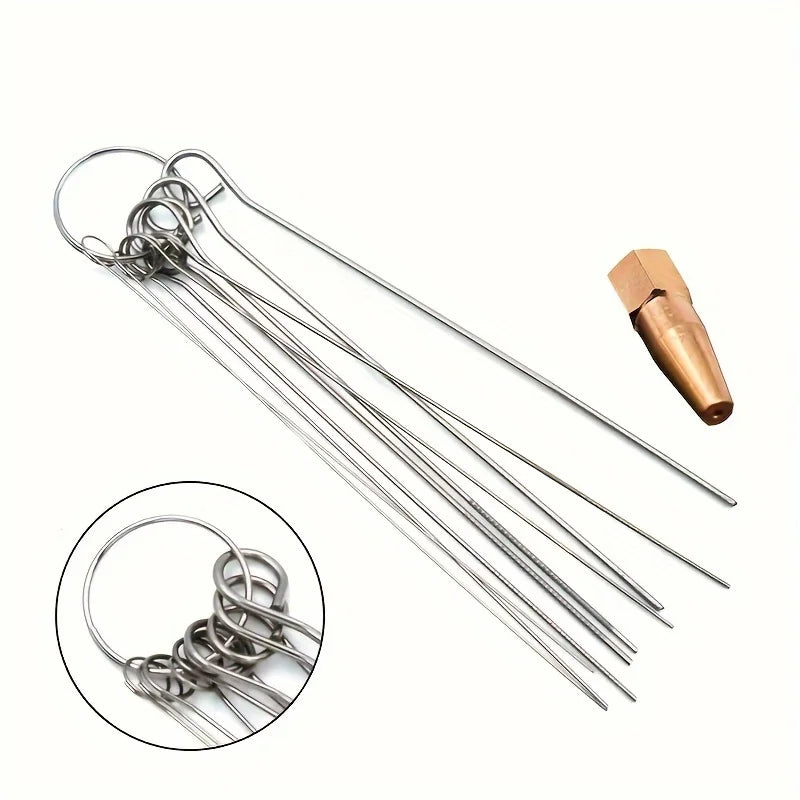 A set of stainless steel shower head cleaning brushes and a brass cleaning tool.