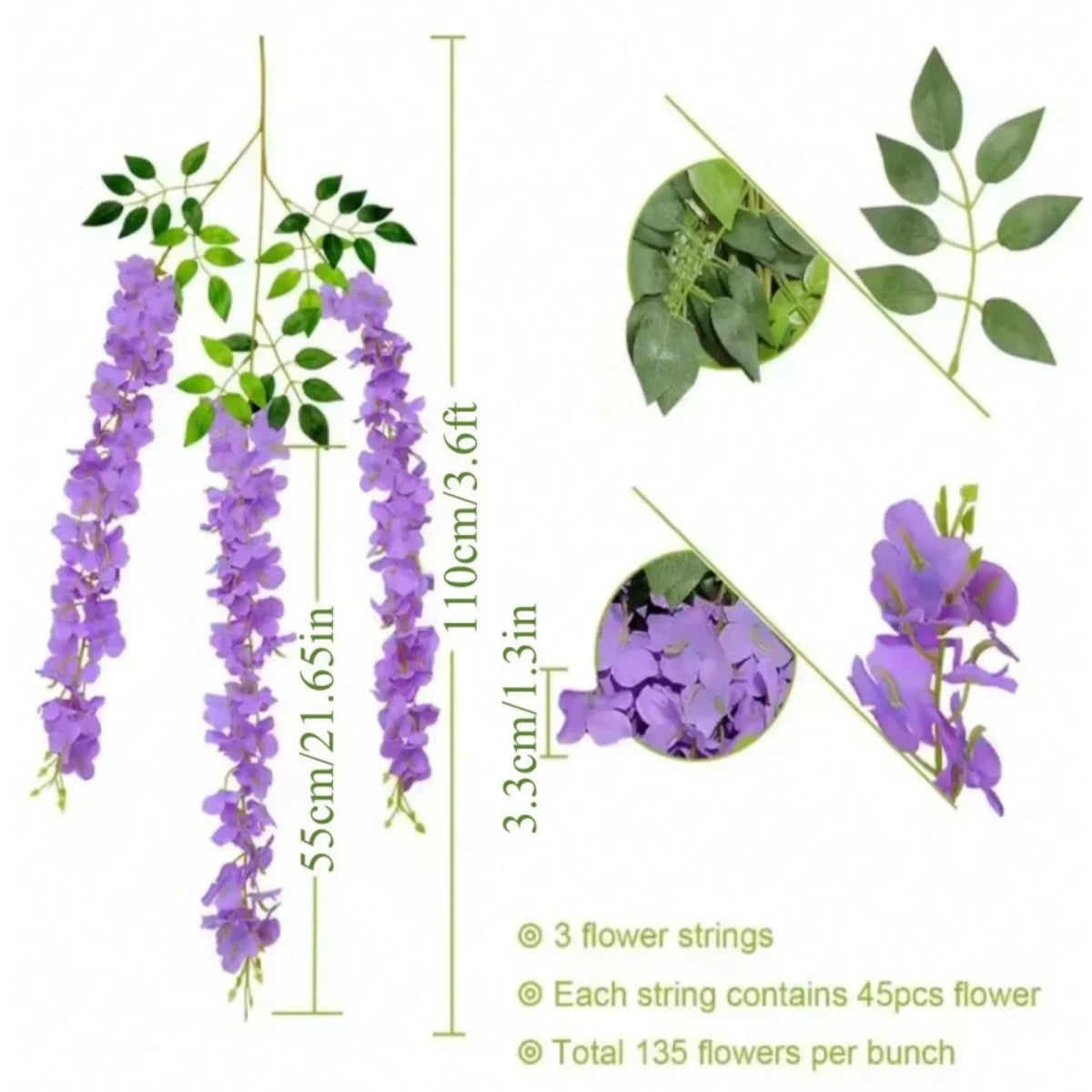 Artificial wisteria garland featuring purple flowers on green stems, packaged in a bunch of 135 flowers.