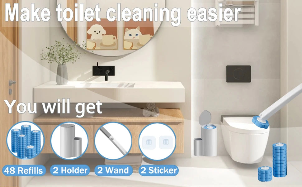 A set of disposable toilet cleaning tools including refills, a holder, wand, and sticker for easier toilet cleaning.