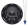 A black circular divination altar featuring a pentagram design with various yes maybe and rephrase symbols, accompanied by a 