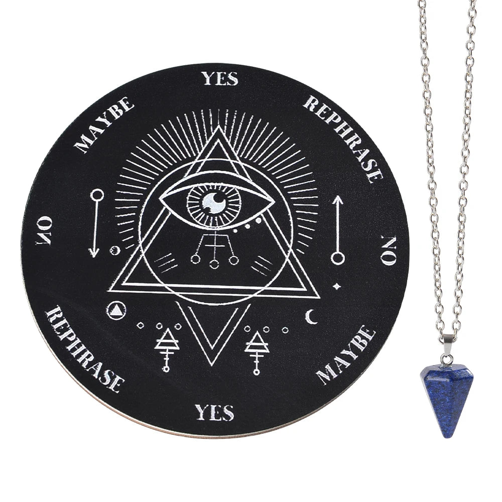 A black circular divination altar featuring a pentagram design with various yes maybe and rephrase symbols, accompanied by a 