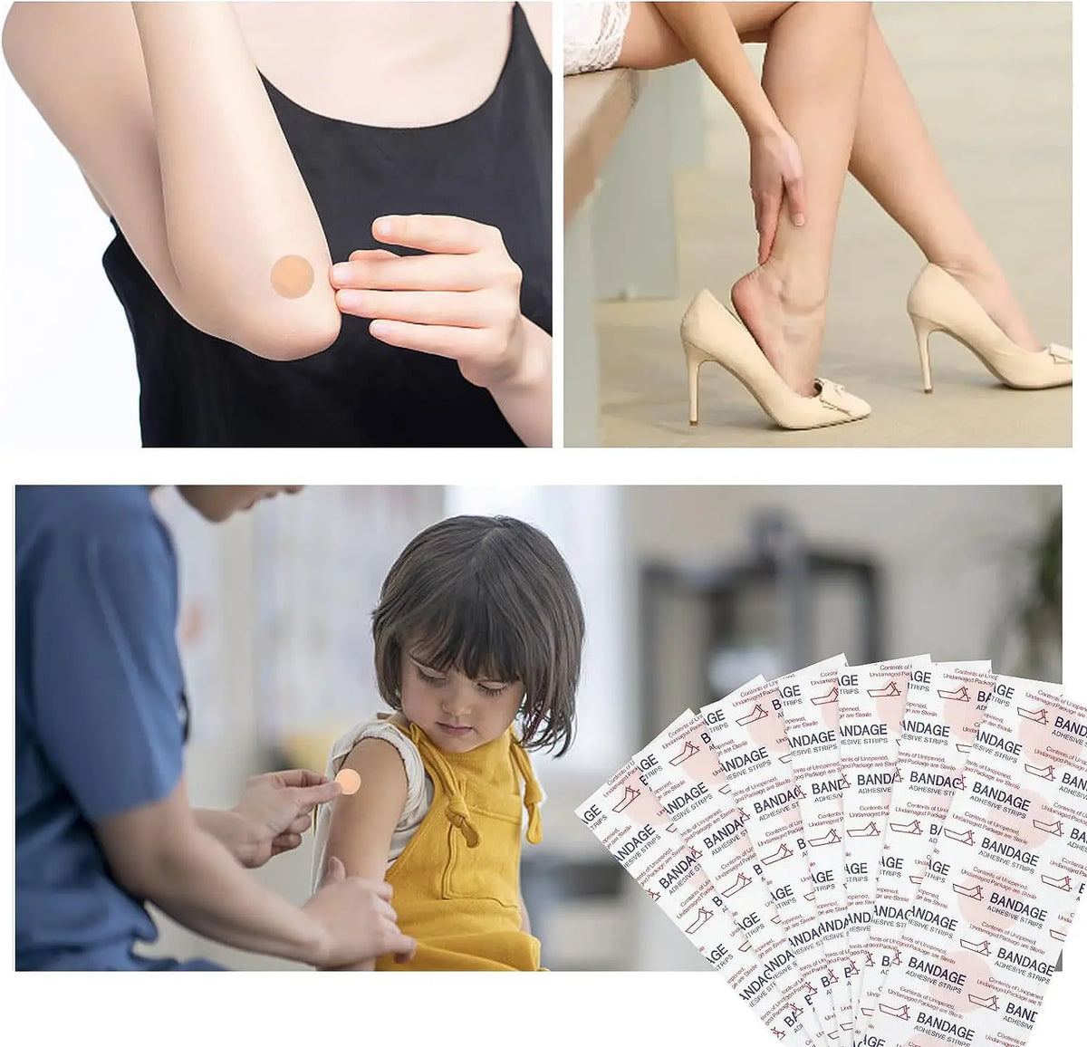 Close-up of round first aid bandages being applied to an arm and foot.