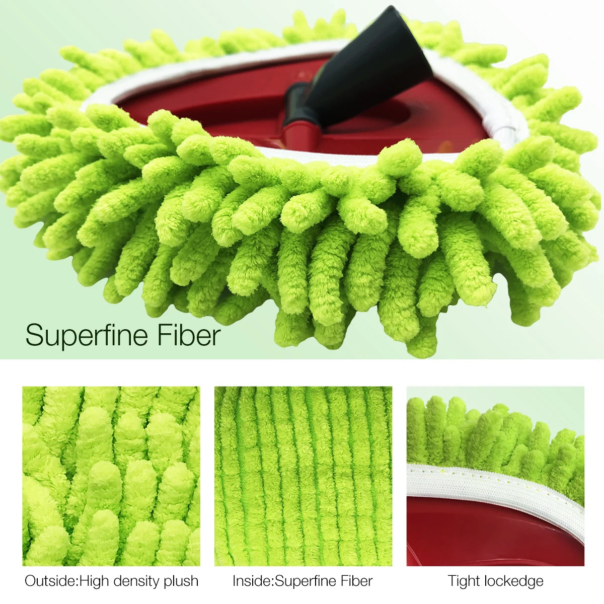 Nahaufnahme eines grünen Superfeinfaser-Moppschaftersatzes mit roter Basis und weißem Zierrand.