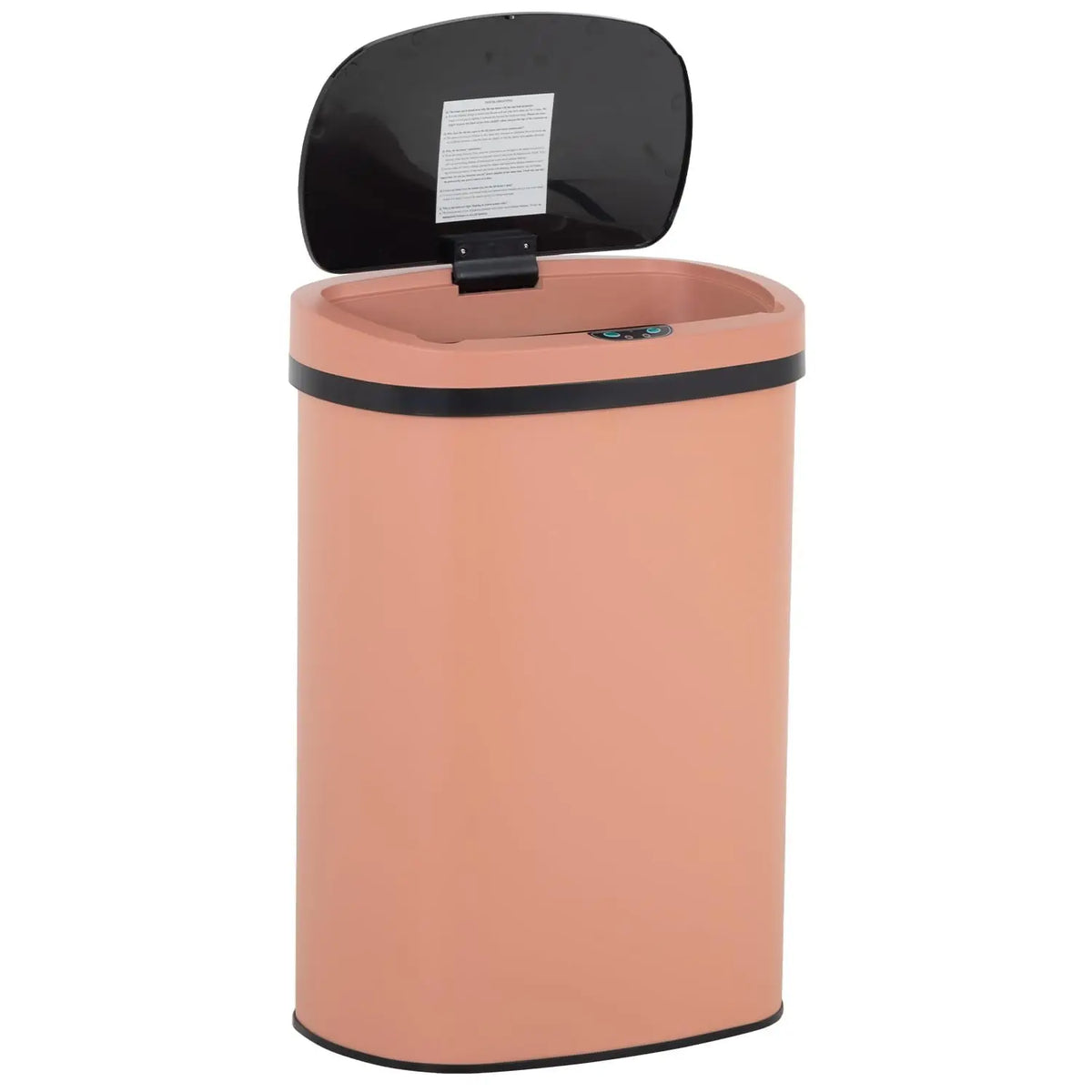 A modern, rose-colored automatic touchless trash can with a black lid.