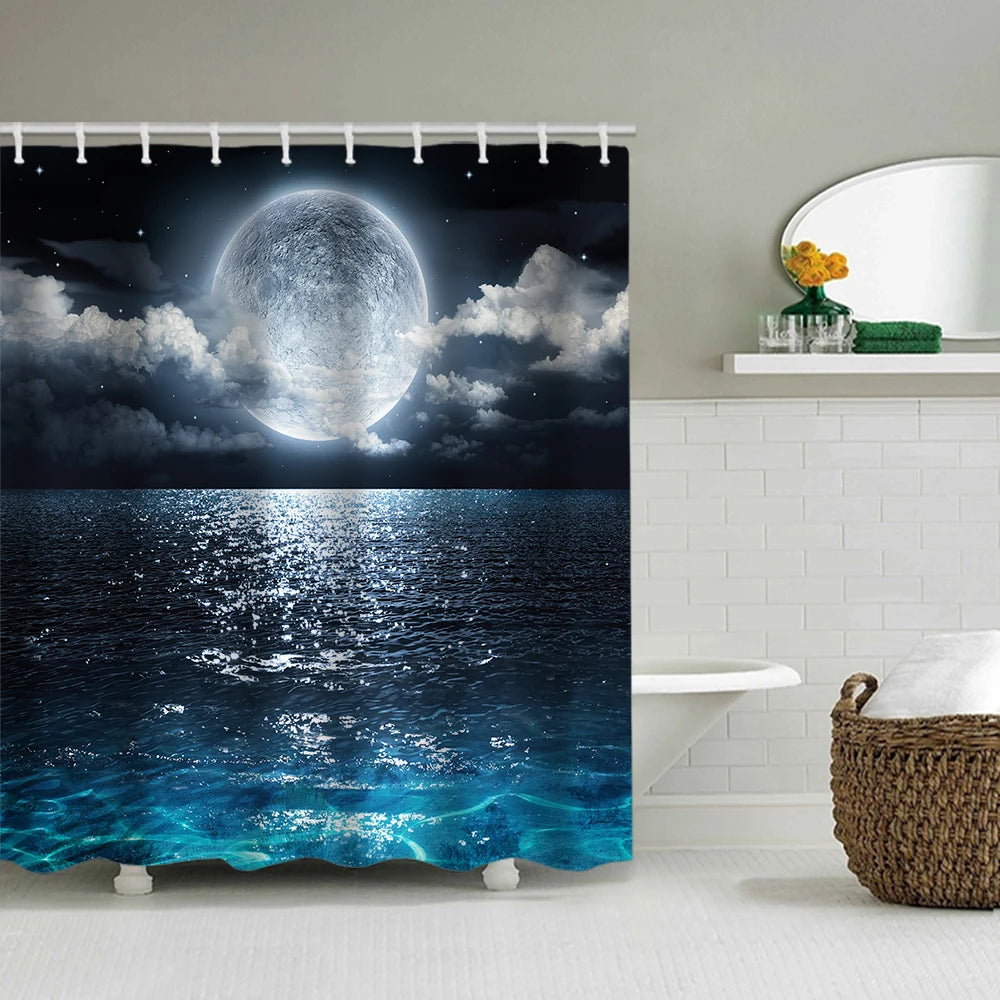 A shower curtain featuring a dark night sky with a glowing blue planet above a reflective ocean surface.