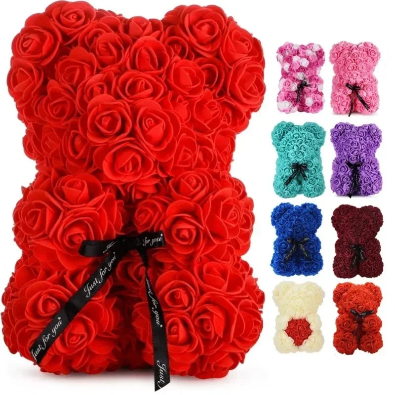 A bright red rose-shaped teddy bear with pink and purple floral accents for special occasions