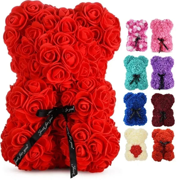 A bright red rose-shaped teddy bear with pink and purple floral accents for special occasions