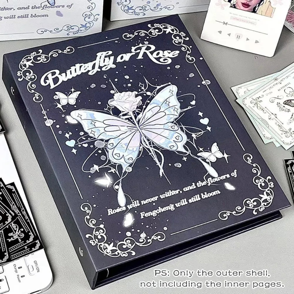 A dark gray photo album featuring a butterfly design and text on the cover.