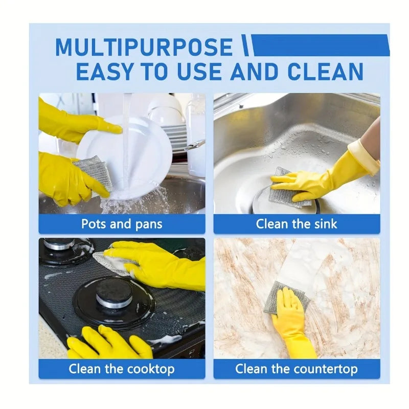 Yellow cleaning cloths used to clean pots and pans, a sink, and a countertop.