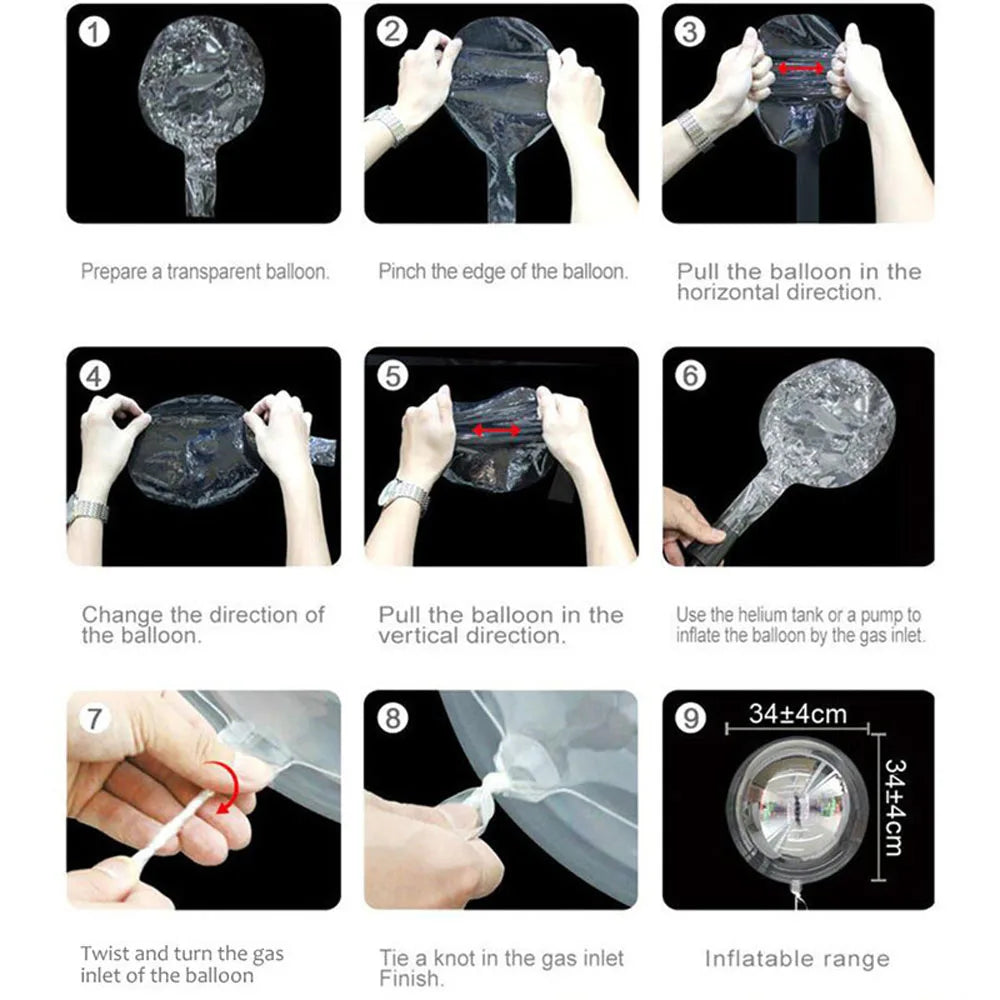 Nine steps demonstrating how to prepare and inflate a transparent balloon using a helium tank or pump.