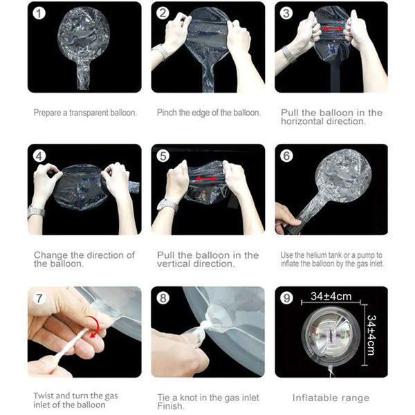 Nine steps demonstrating how to prepare and inflate a transparent balloon using a helium tank or pump.