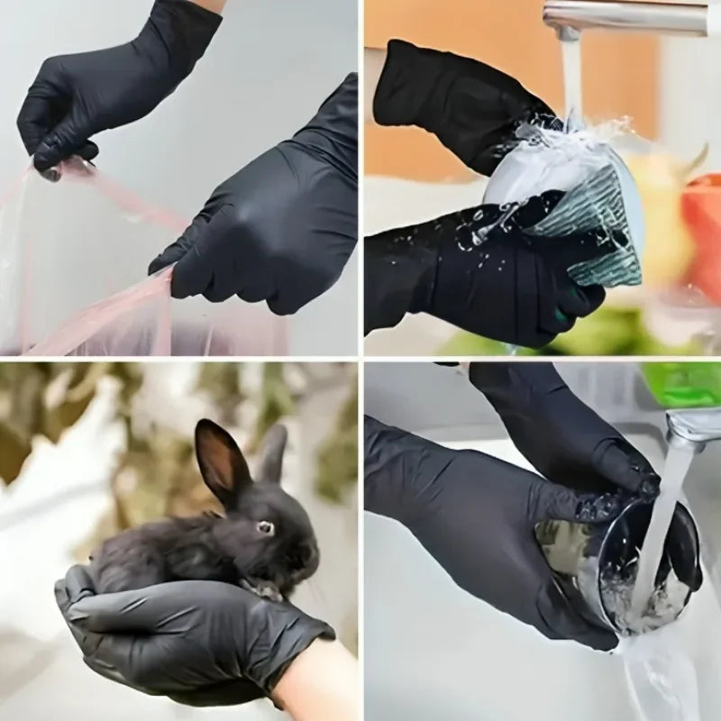 Hands in black nitrile gloves are washing a glass under running water.