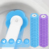 Kit de nettoyage pour toilettes jetable avec tête de brosse blanche, poils violets et manche bleu.
