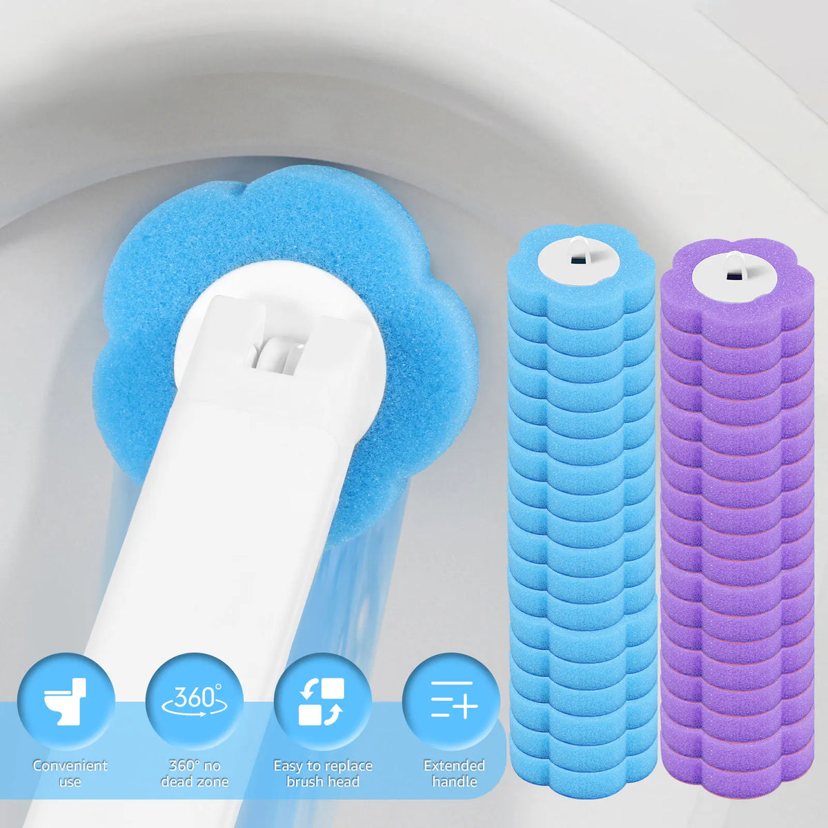 Kit de nettoyage pour toilettes jetable avec tête de brosse blanche, poils violets et manche bleu.