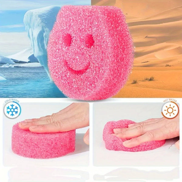 Pinkes Smiley-Gesicht, temperaturwechselnde Reinigungspunsch, in Gebrauch mit kaltem und heißem Wasser.