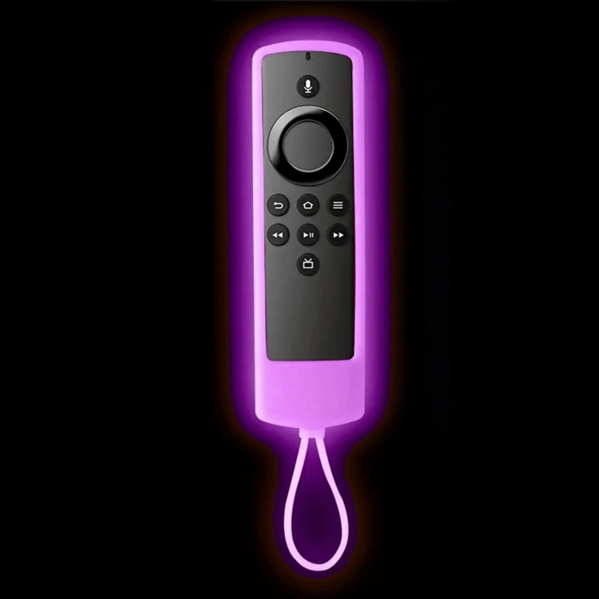 Control remoto negro con brillo púrpura y cable de silicona adjunto.
