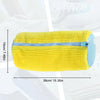 Yellow and light blue reusable shoe washing bag with a zipper shown flat.