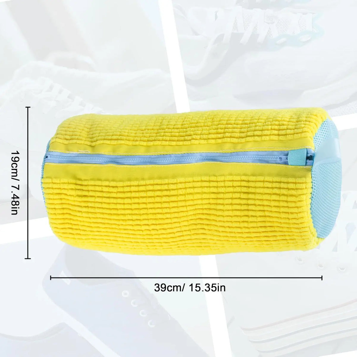Yellow and light blue reusable shoe washing bag with a zipper shown flat.
