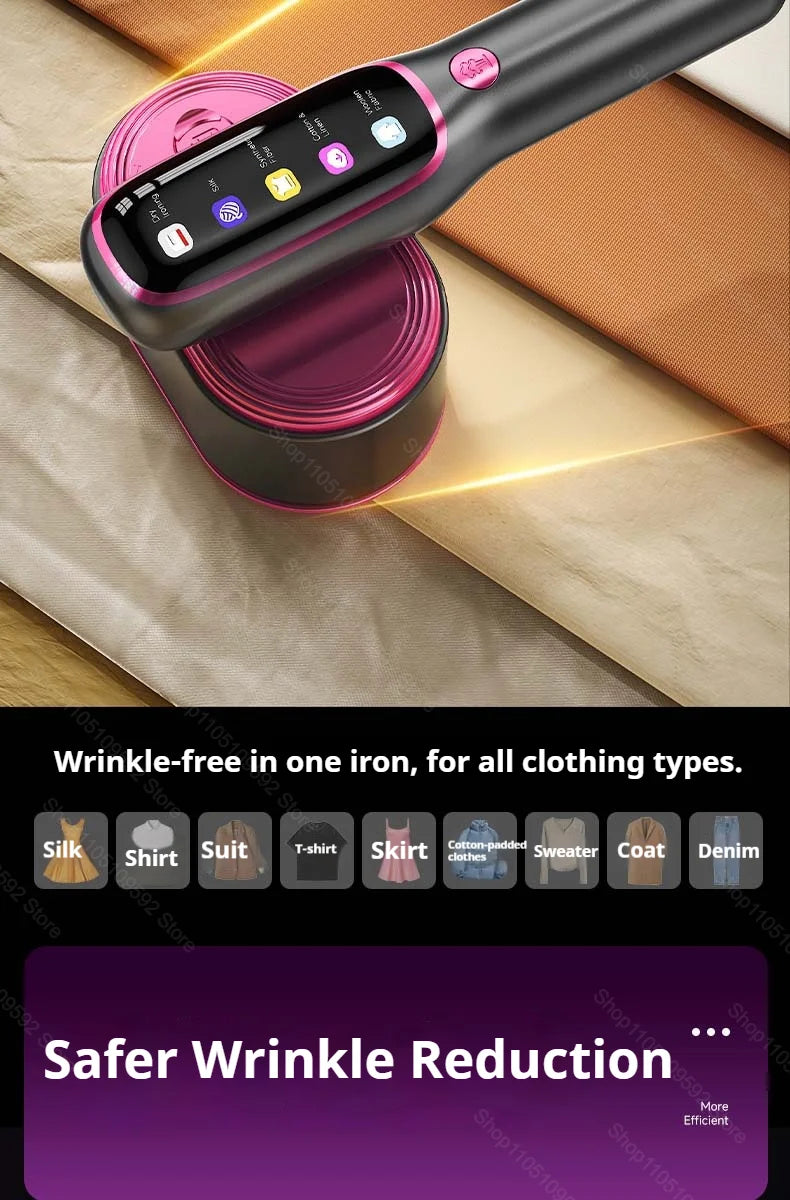 A handheld garment steamer iron in black and pink is shown next to a tin container on a wooden surface.