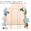 A set of adjustable gold arch stands in a pale pink color for party decor.
