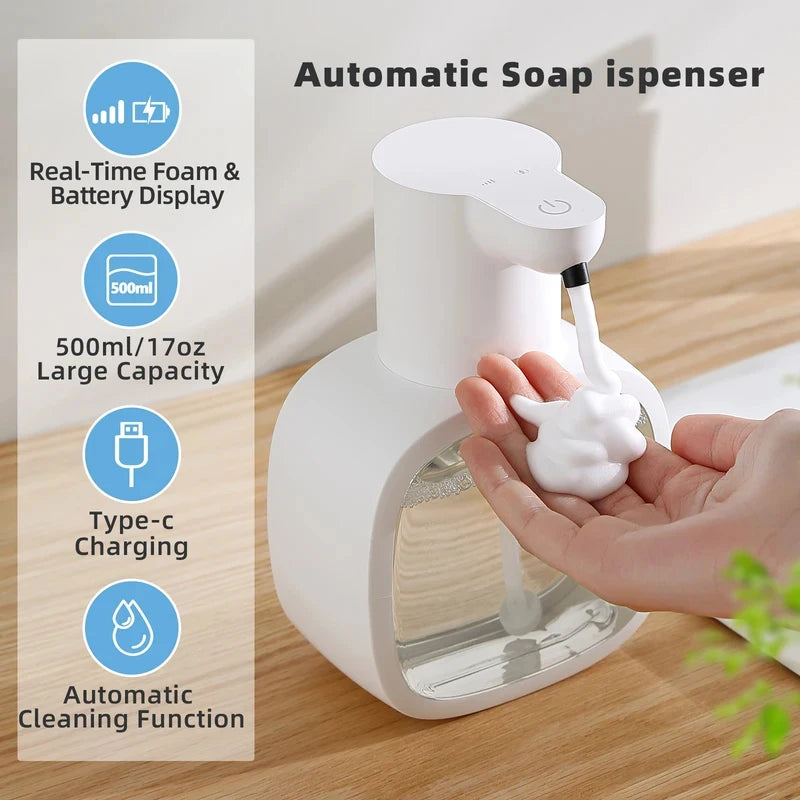Weißer Automatik-Seifenspender mit Pumpe wird von einer Hand benutzt, die Funktionen hervorhebend.