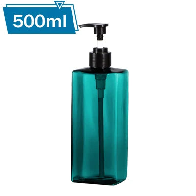 A clear teal glass pump bottle containing 500ml of body wash or shampoo.