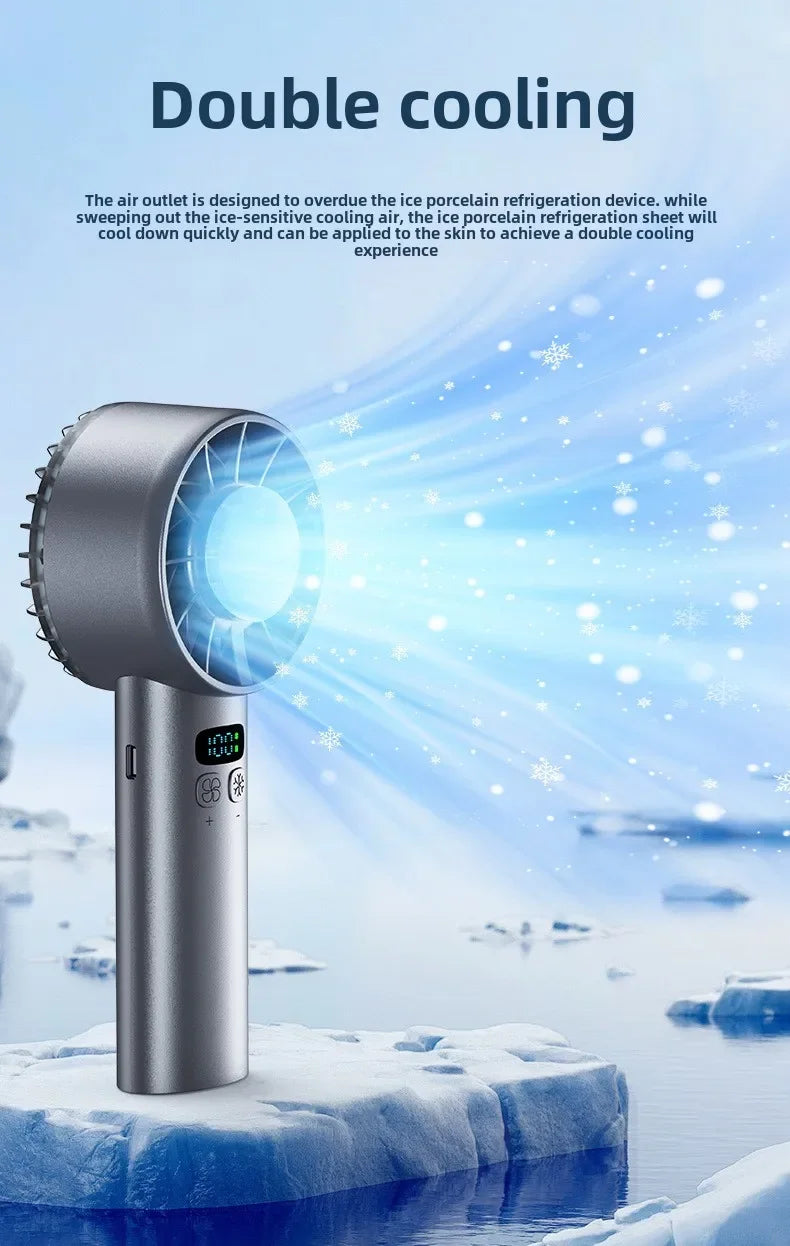 A silver ice compress fan is shown emitting a bright beam of light over a snowy landscape.